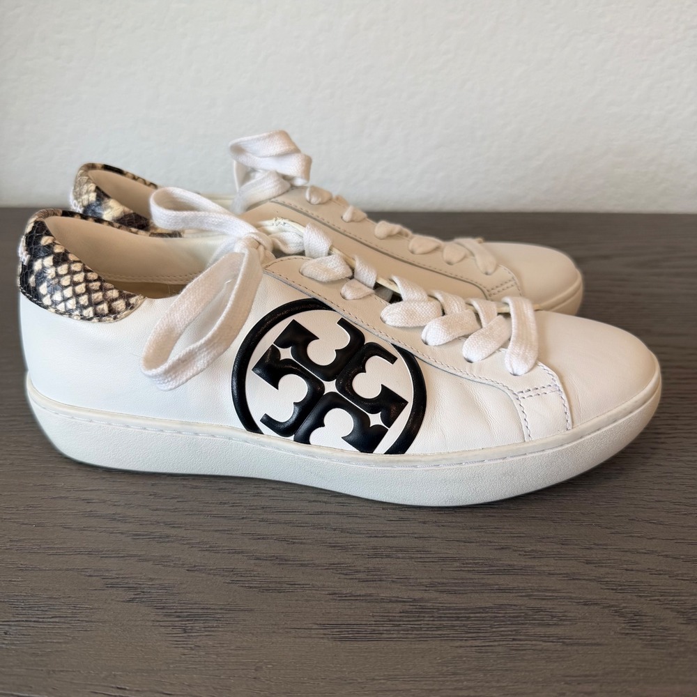 Tory Burch Howell Court White Leather Snakeskin Logo Sneakers 6M